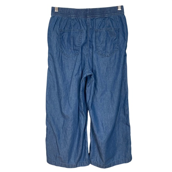 Korean Wide Leg Pants Chambray Cropped Women Cotton Blue Elastic Waist Casual - Picture 2 of 9